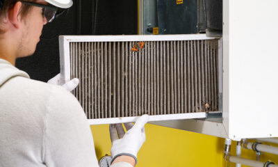 Replacing filter in the central ventilation system. hvac filter replacing home central air system